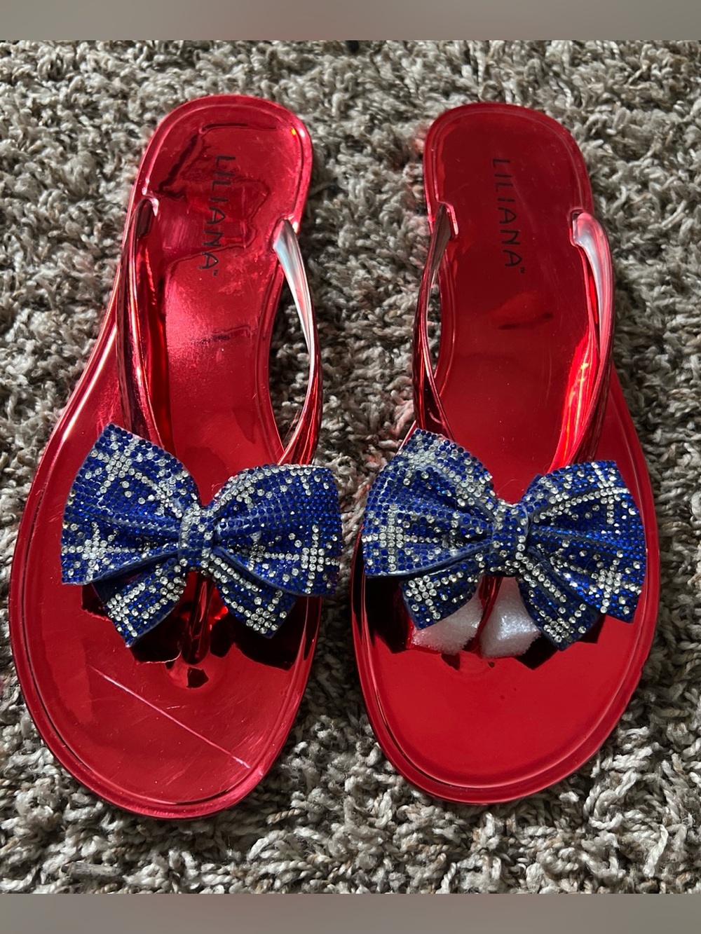 🆕 Liliana Red Jelly Slide Sandals with Blue Rhinestone Bow